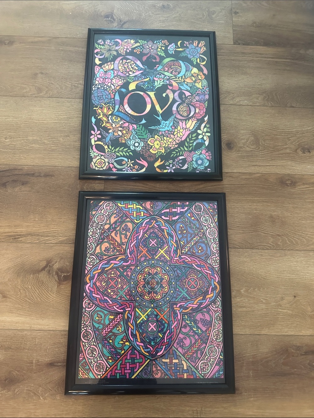 Pair of Vintage 90s Framed Fuzzy Velvet Posters - Complete & Colored Wall Art -